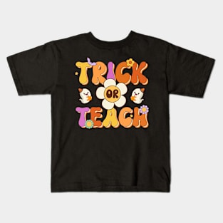 Retro Vintage Groovy Trick Or Teach Halloween Teacher Life Women Kids T-Shirt